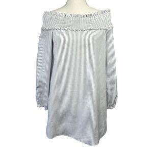 Tibi White Blue Striped Off The Shoulder Top Shirt Size 2 Ruched Cotton